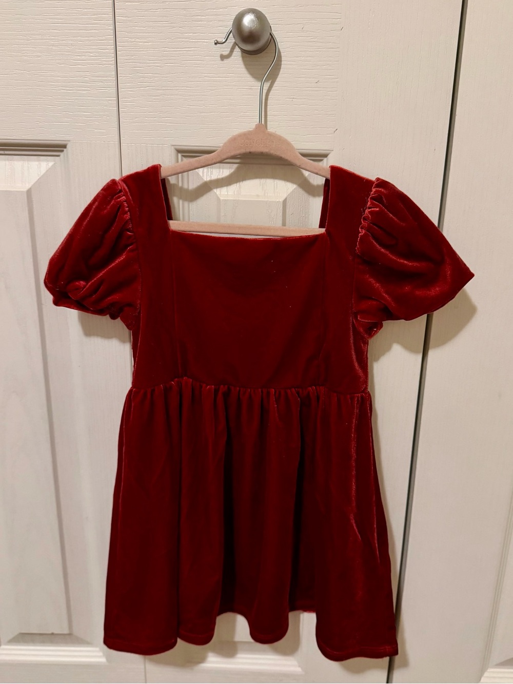 GAP Red Velvet Puff-Sleeve Square-Neck Dress